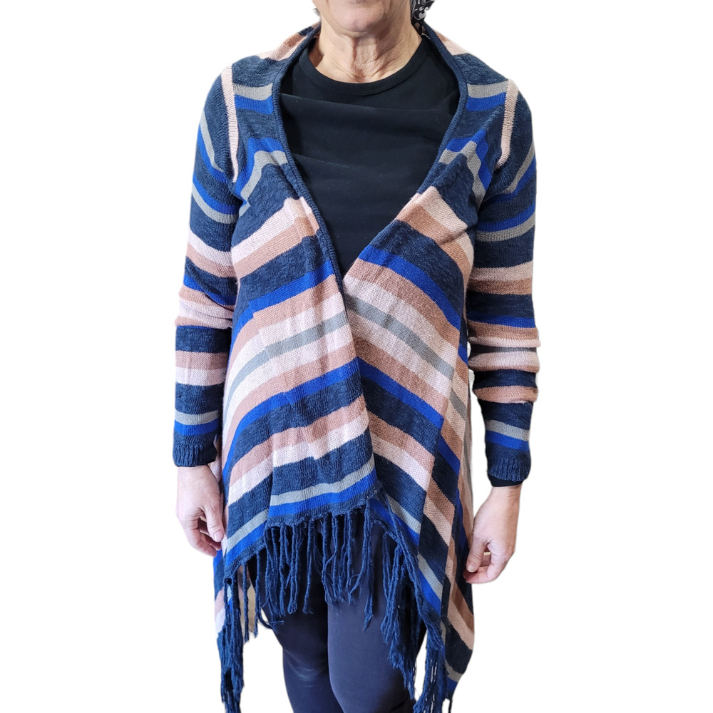 Say What Striped Fringe Boho Knit Cardigan Large Indie Duster Cozy Layer Shabby